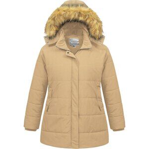 Women's Khaki Long Puffer Hood Jacket Coat Waterproof Winter Warm Removable Fur